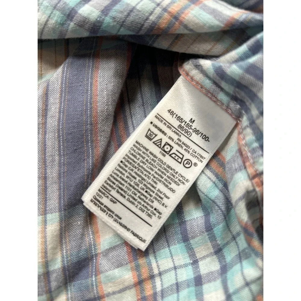 GAP Mens Linen Blend Plaid Button Down Shirt Blue Grey Orange Size M Long Sleeve